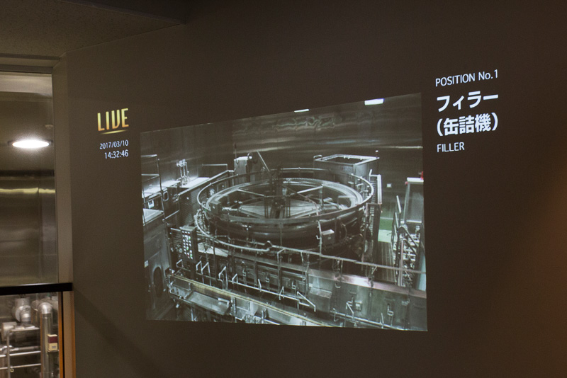 缶に詰める行程。「ザ・プレミアム・モルツ」の工場は見学通路からは見えないのでライブカメラで見学。缶にビールを詰める際は酸素を排除するためビールを入れる前に瞬間的に炭酸ガスを缶のなかに吹き込んでいる