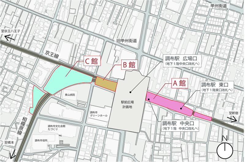 駅前広場に隣接するA館/B館と、シネコンや駐車場を内包するC館に分かれている