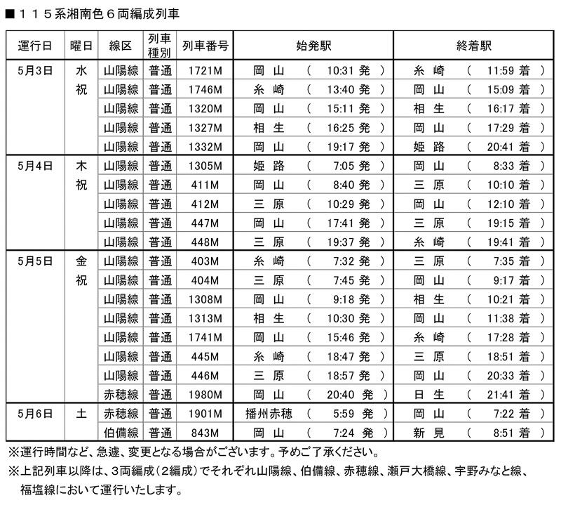 115系湘南色6両編成列車の運行ダイヤ
