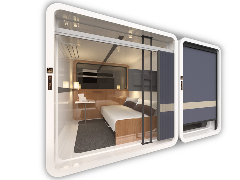 ファーストクラスキャビンは広さ2.1×2.1×2.1m（幅×高さ×奥行き）、広さが4.4m<sup>2</sup>