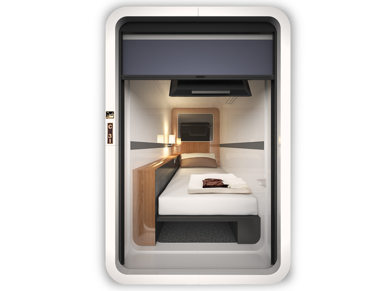 ビジネスクラスキャビンは広さ1.2×2.1×2.1m（幅×高さ×奥行き）で広さは2.5ｍ<sup>2</sup>