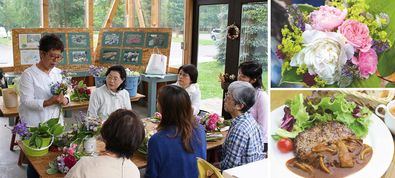 園内のバラを使ったミニブーケ作りを体験。また、ランチでは「真狩産ハーブ豚と国産和牛の合挽きハンバーグステーキ」が味わえる