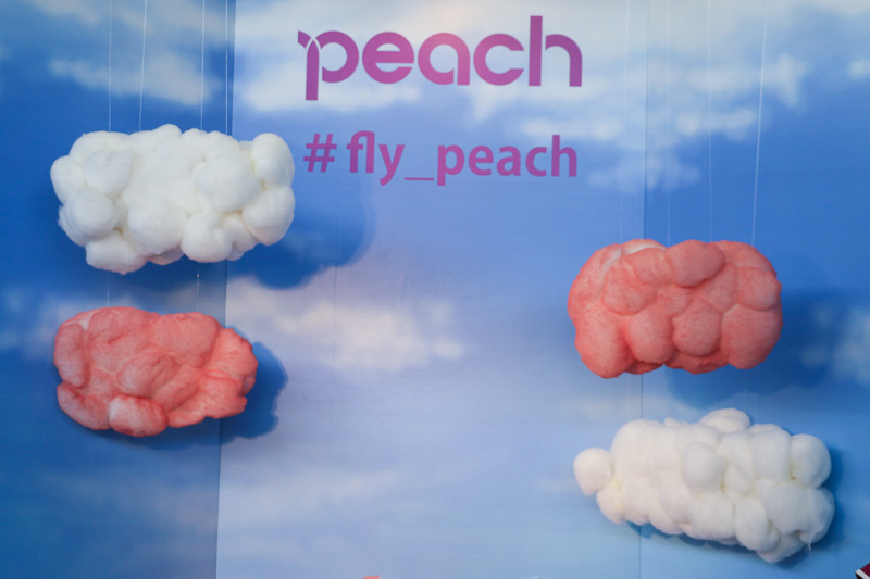 フォトサービスの背景は青い空とピンクの雲が印象的。老若男女問わず列ができていた