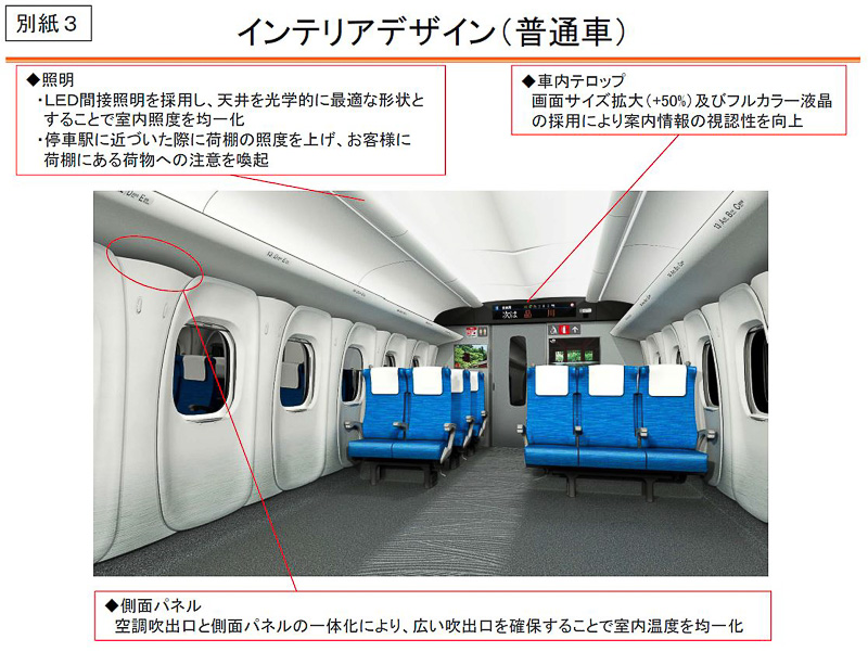 「N700S」の普通車の客室デザイン