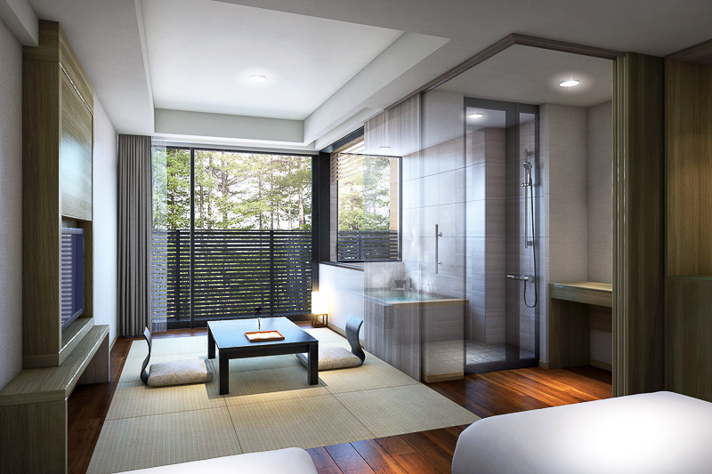 軽井沢マリオットホテルの「温泉ビューバス付プレミアルーム ツイン」（画像提供：森トラスト・ホテルズ＆リゾーツ）