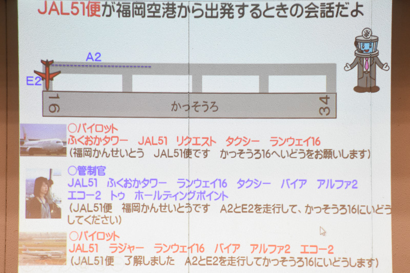 国土交通省 航空局 管制課のスタッフとJALの岸大祐氏によって、特別に管制官とパイロットの交信が再現された。流ちょうな英語のやりとりで、会場はこの日一番の盛り上がり