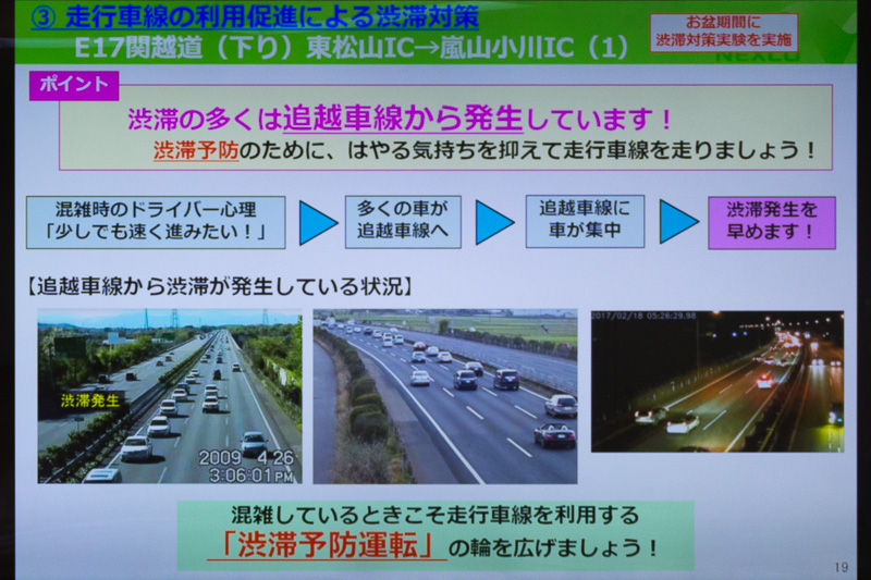 ドライバー心理の影響から渋滞は追い越し車線から発生。走行車線を利用することで渋滞緩和を図るべくLED標識を設置する渋滞対策実験を実施する