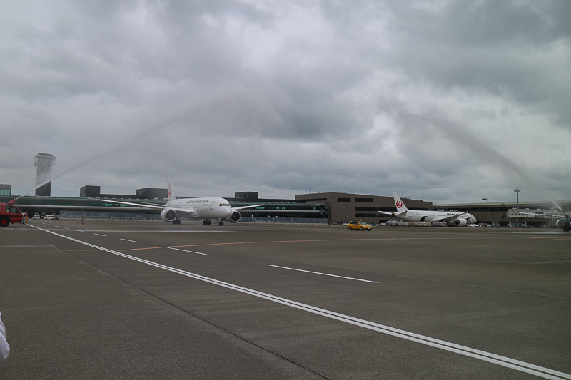 ボーイング 787-8型機はゆっくりと発進。あいにくの曇天と強風ではあったが、両脇の消防車が描くアーチをくぐっていく