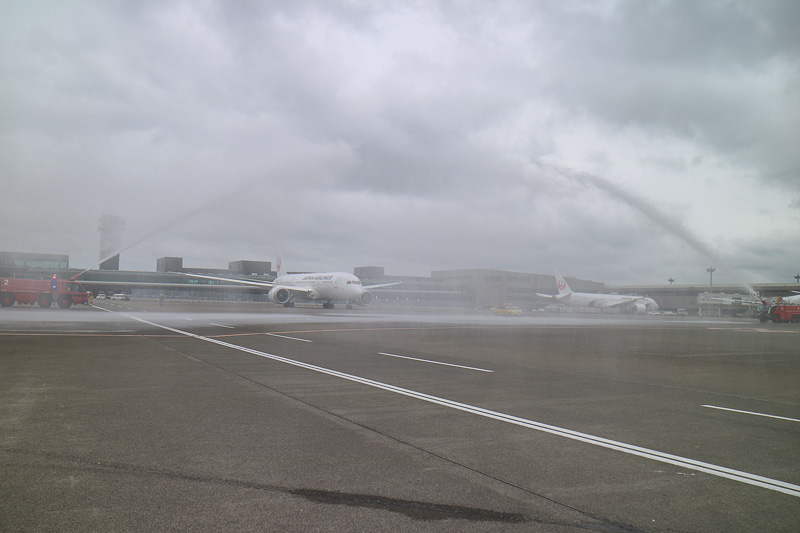 ボーイング 787-8型機はゆっくりと発進。あいにくの曇天と強風ではあったが、両脇の消防車が描くアーチをくぐっていく