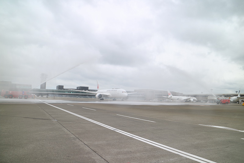 ボーイング 787-8型機はゆっくりと発進。あいにくの曇天と強風ではあったが、両脇の消防車が描くアーチをくぐっていく