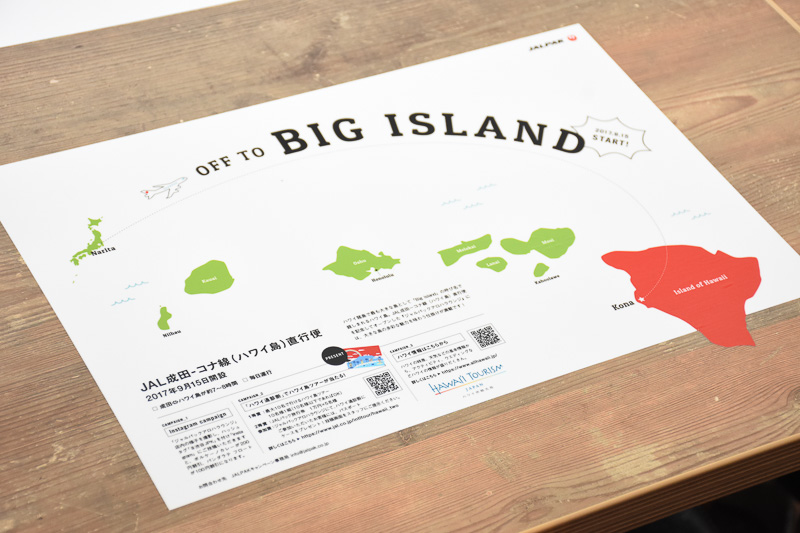 JALの成田～コナ線就航を伝えるマット