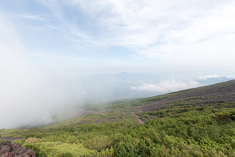 雲がかかるなか、岩肌と植物が織りなすコントラストが面白い