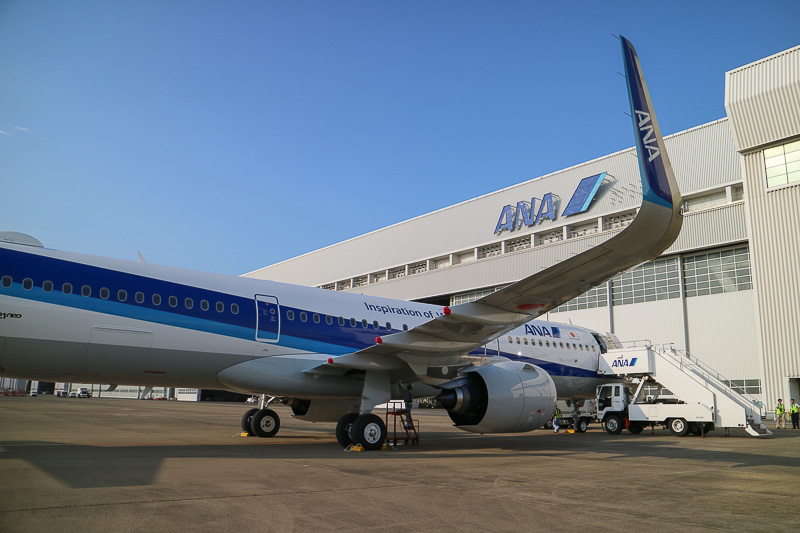 シャークレットと呼ばれる主翼の端が反った特徴的な形状。外側からも、機内からも見えるよう、両面にANAのロゴが施されている