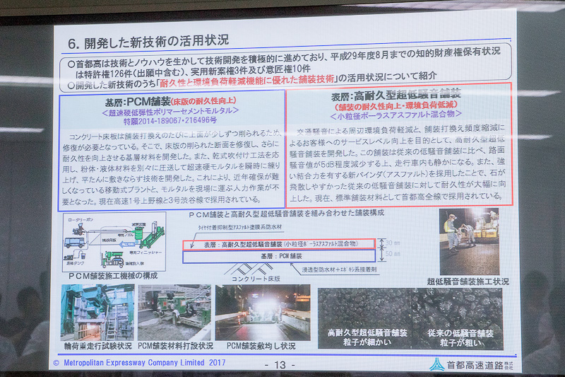 首都高が開発した新技術が2つ紹介された。1つは「超速硬低弾性ポリマーセメントモルタル」でもう1つは「高耐久型超低騒音舗装」というもの
