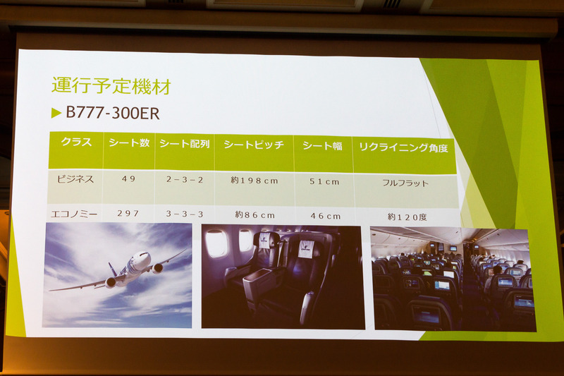 使用機材は長距離仕様のボーイング 777-300ER型機で、ビジネスクラスが49席、エコノミークラスが297席