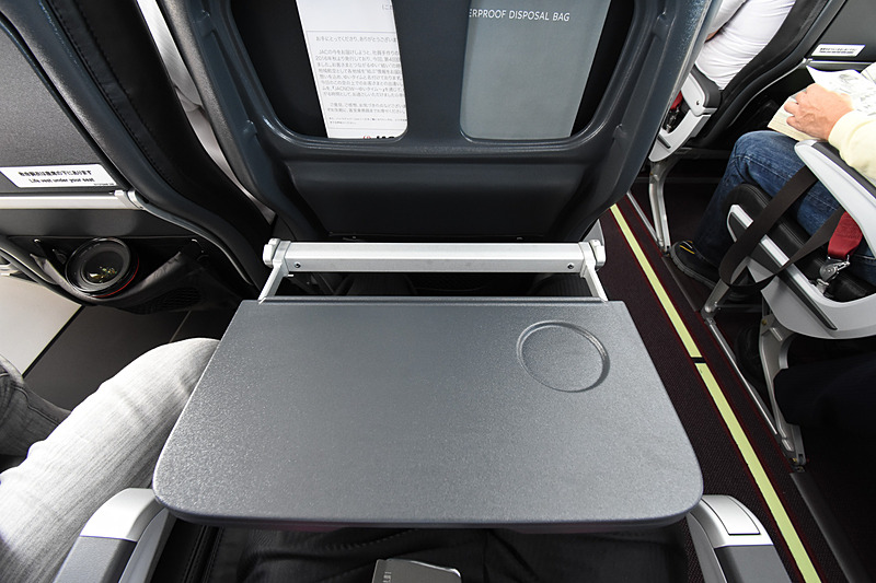 テーブルは一般的な作り。前方の一部座席はシート脇から引き出す構造だった