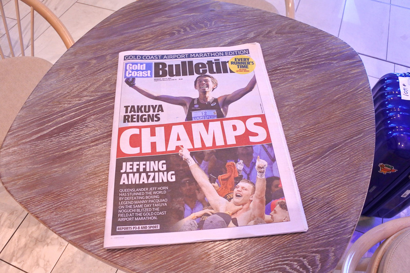 地元の新聞「Gold Coast Bulletin 」の「Gold Coast Airport Marathon Edition」は「第39回ゴールドコースト・マラソン」一色状態に。開くと完走ランナー全員の名前が種目とタイムごとに掲載されている