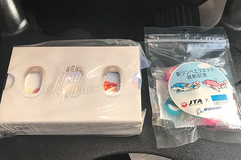 記念品の飴と、簡易VRゴーグル。VRゴーグルは普段の運航でも配布する