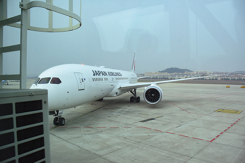 大連国際空港に着陸、ランプインしてくるJL827便