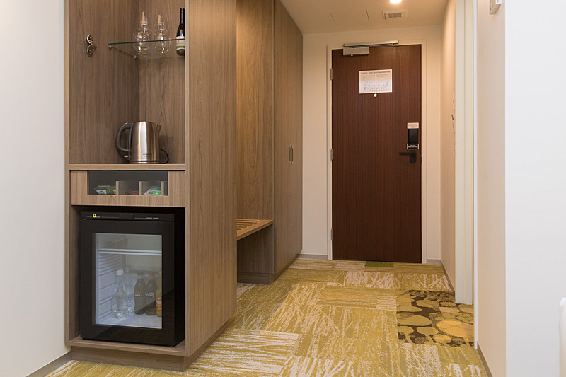 入り口とクローゼットまわり。冷蔵庫はミニバーになっている