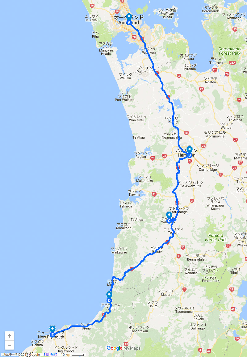 本記事の移動ルート。オークランドからハミルトン、ワイトモ、ニュー・プリマスまで約380kmの旅
