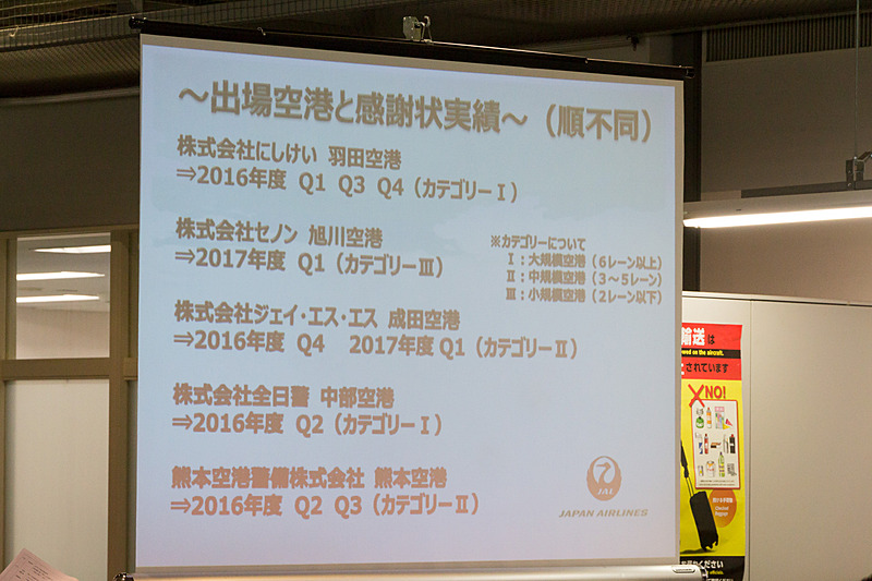 JALグループが就航している全国の空港のなかで、乗客アンケートで上位に入った空港にはJALより感謝状が贈られる。そのなかから保安検査を担当している警備会社の精鋭スタッフが今回のコンテストに出場した