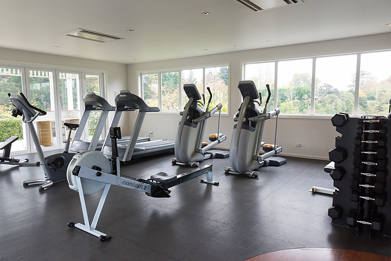 プールやジム。深さ60cmと浅めのプールもある。ジムの横にはサウナも