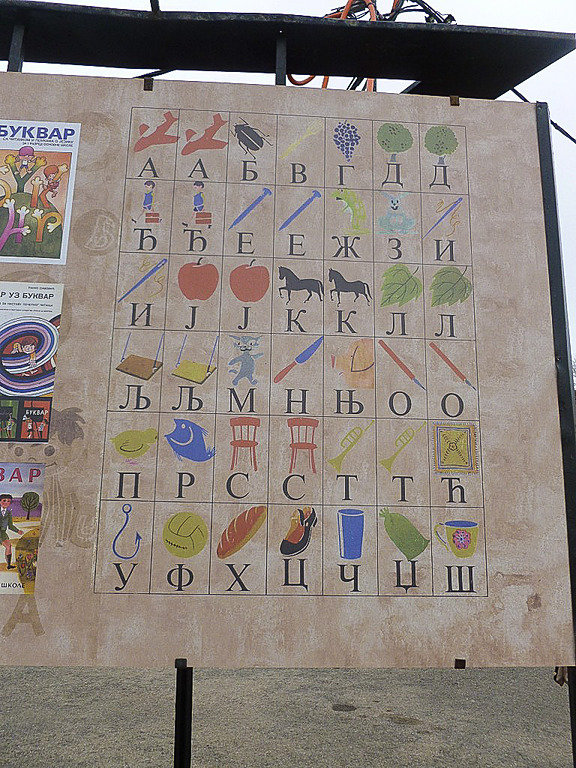 カレメグダン公園（Kalemegdan）にあった、セルビア語のキリル・アルファベットについて解説しているらしいパネル。これだけだと私はお手上げなのですが、ベオグラード市内のほとんどの表示はラテン文字でも表記してあるのでよかったです