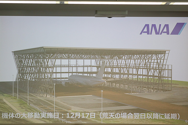 12月17日にANA中部空港株式会社のトーイングカーを使いZA001号機を建設中の建物内に移動し、一般公開する