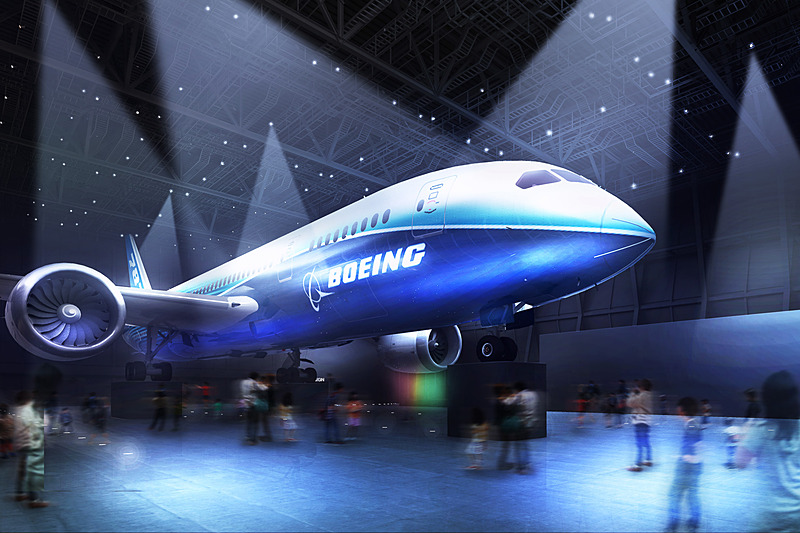 FLIGHT OF DREAMSの建物内にボーイング 787の飛行試験1号機（ZA001）を展示する（画像提供：中部国際空港）