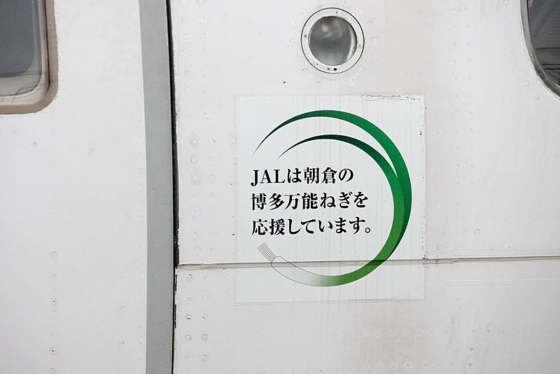 JALが、平成29年九州北部豪雨からの復興応援として、「博多万能ねぎ」をモチーフにしたデカールを貼付した特別機の運航を開始