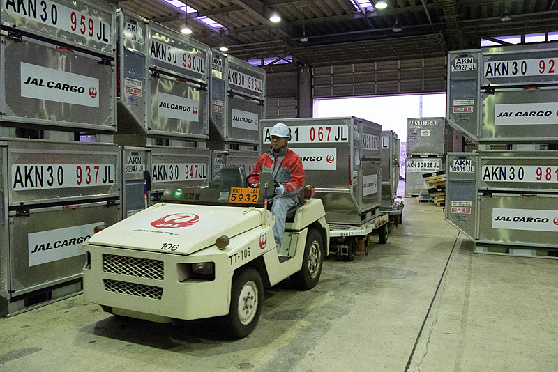 トーイングトラクターに乗って、博多万能ねぎが入ったコンテナが貨物エリアへ運ばれてくる