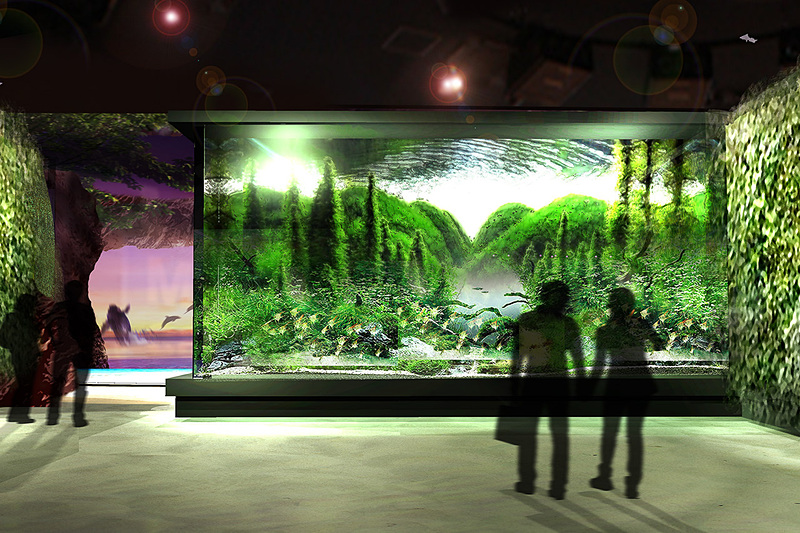 海洋生物と映像技術を組み合わせた展示を行なう