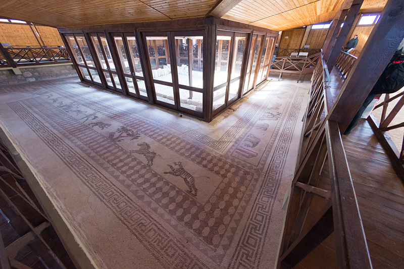 多数のモザイクが残されているディオニソスの館（The House of Dionysos）。手すりの付いた廊下から、各部屋に敷かれたモザイク画を見ることができる