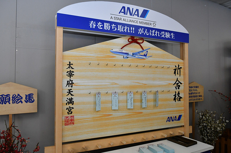 ANAは「春を勝ち取れ!!　がんばれ受験生」の文字。願い札はスカイブルー