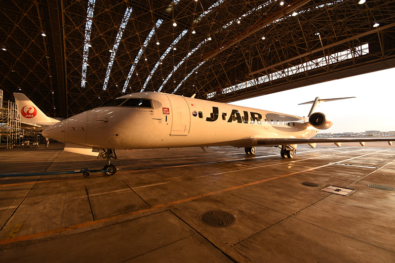 トーイングカーに押されて格納庫から出て行く