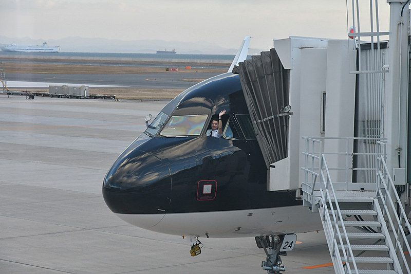 コクピットの窓を開けて手を振る機長を副操縦士