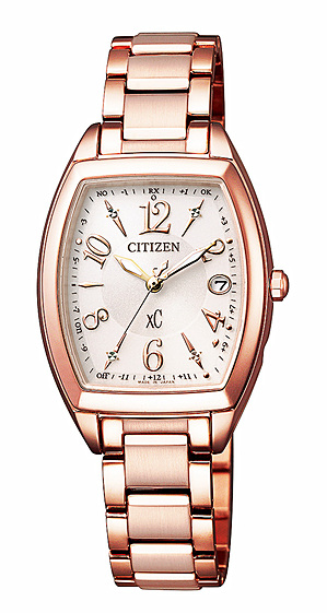 「CITIZEN xC ハッピーフライト」新モデル。トノー型はピンク（左上：ES9390-57W）ピンクベージュ（右上：ES9392-51W）ホワイト（左下：ES9391-54A）、ラウンド型のピンク（右下：EC1036-53W）