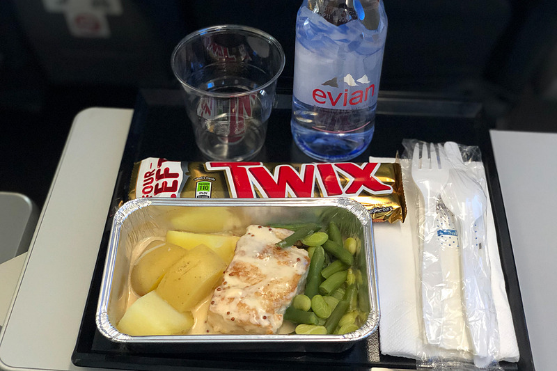 食事はマヒマヒのソテーと大きなチョコバー。なんやかんやで量は十分