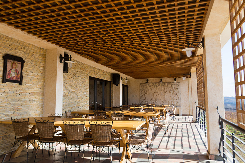 アレクサンドラビッチ・ワイナリーにはテラス席もあり、ブドウ園が広がる絶景とともに試飲を楽しめる