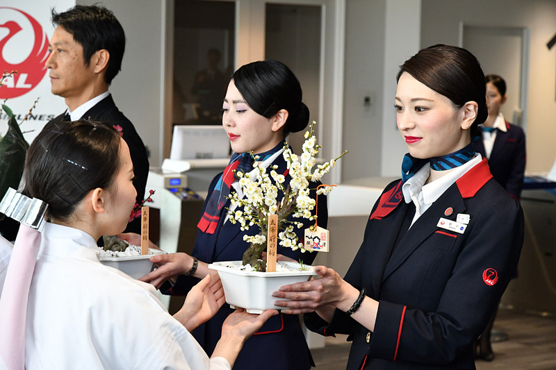 向かい合い、北海道へ運ぶ梅をJALスタッフに託す