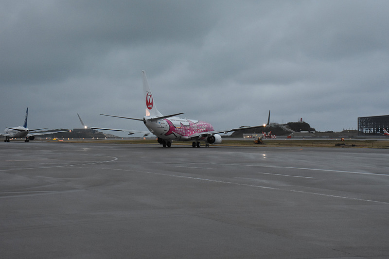 トーイングカーが外れ、滑走路へ向かう