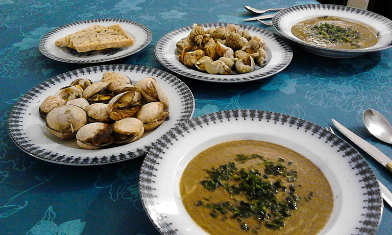 この日の夕飯はバイ貝とアーモンド貝の白ワインハーブ蒸しに野菜いろいろのポタージュにオオアオサを散らしたものを。彩りはわるいですが美味しかったです！