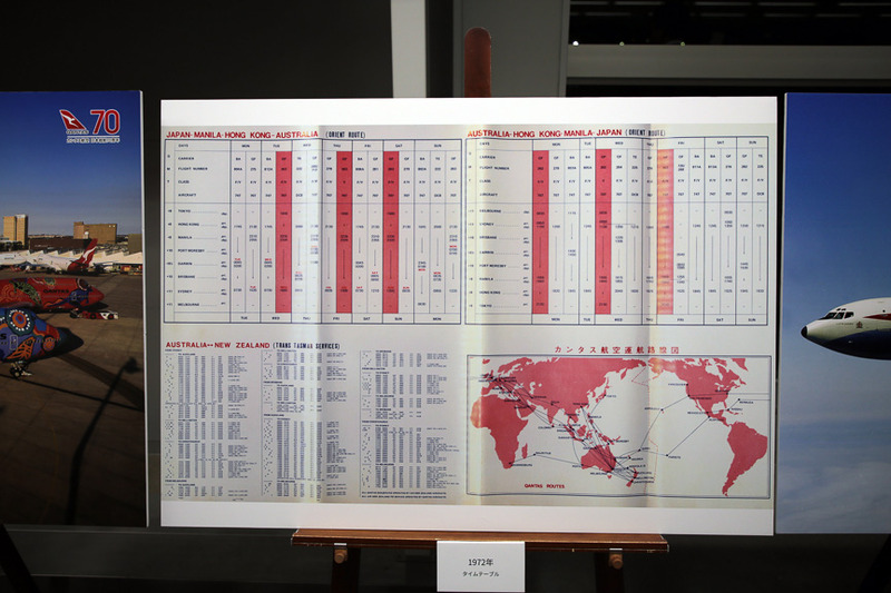 1972年の時刻表。東京発シドニー行のQF263便（当時）は、19時に東京を出発、マニラで給油を行ない、翌10時にシドニーに到着していたようだ
