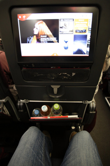 下のポケット。機内誌や緊急脱出手順のシートが入っている。ペットボトルも収納可能