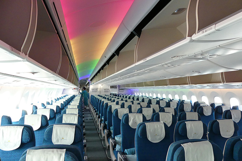 エコノミークラス。天井のLED照明はドリームライナーの特徴