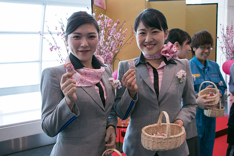 ANAグループ各部門の女性スタッフが、乗客にお菓子を配る