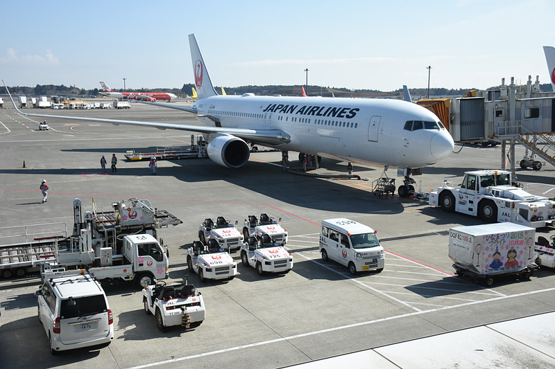 スポットで搭乗を待つJL941便（ボーイング 767-300ER型機）。トーイングカーやトーイングトラクターにもひなまつり飾りを施してある