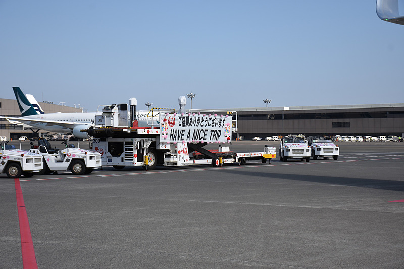 トーイングカーでプッシュバックするのももちろん女性スタッフ