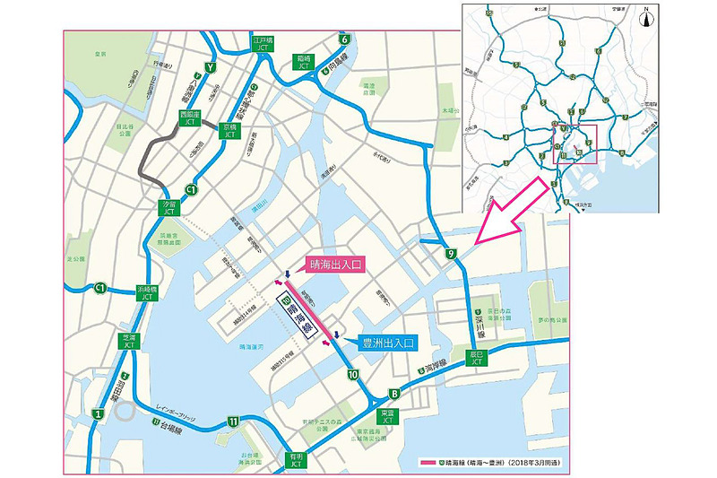 湾岸線 東雲JCTから豊洲出入口までの約1.5kmが2009年2月に開通しているが、これが晴海地区まで延長することになる